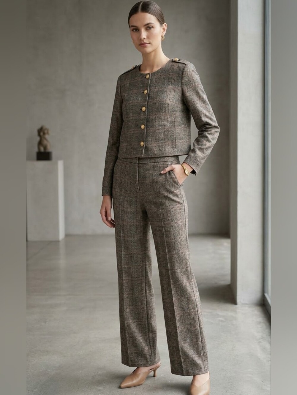 White House Black Market Glen Plaid Crop Jacket & Wide Leg Pants Set Sz 12
